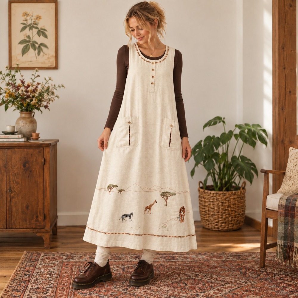 Lemon Grass Embroidered Safari Animals Jumper Maxi Dress Petite L Linen Blend